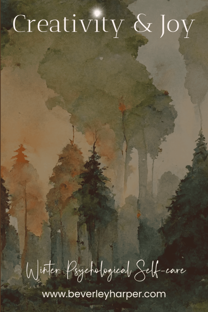 A watercolour painting of winter trees.