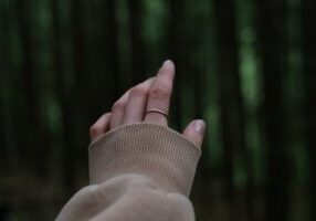 A oman's heand reaches out towards greenery ina forest.